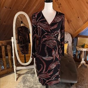 Anne Klein Black Long Sleeve Wrap-Style Dress with Pink and Cream Dot Print